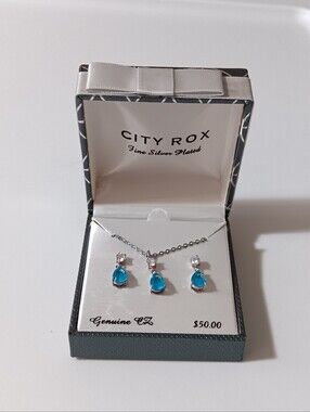 New City Rox Silver Plated Necklace and Earrings Genuine CZ White & Turquoise